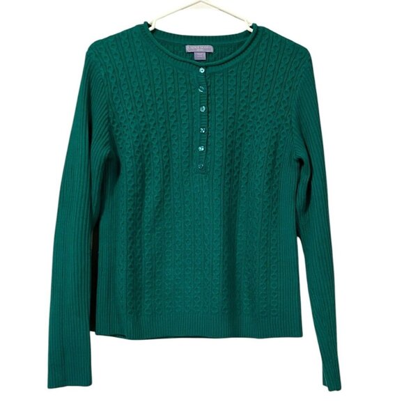 Laura Scott Sweater Women' Petite M Cable Knit Henley Green Pullover Soft Career - Picture 1 of 13
